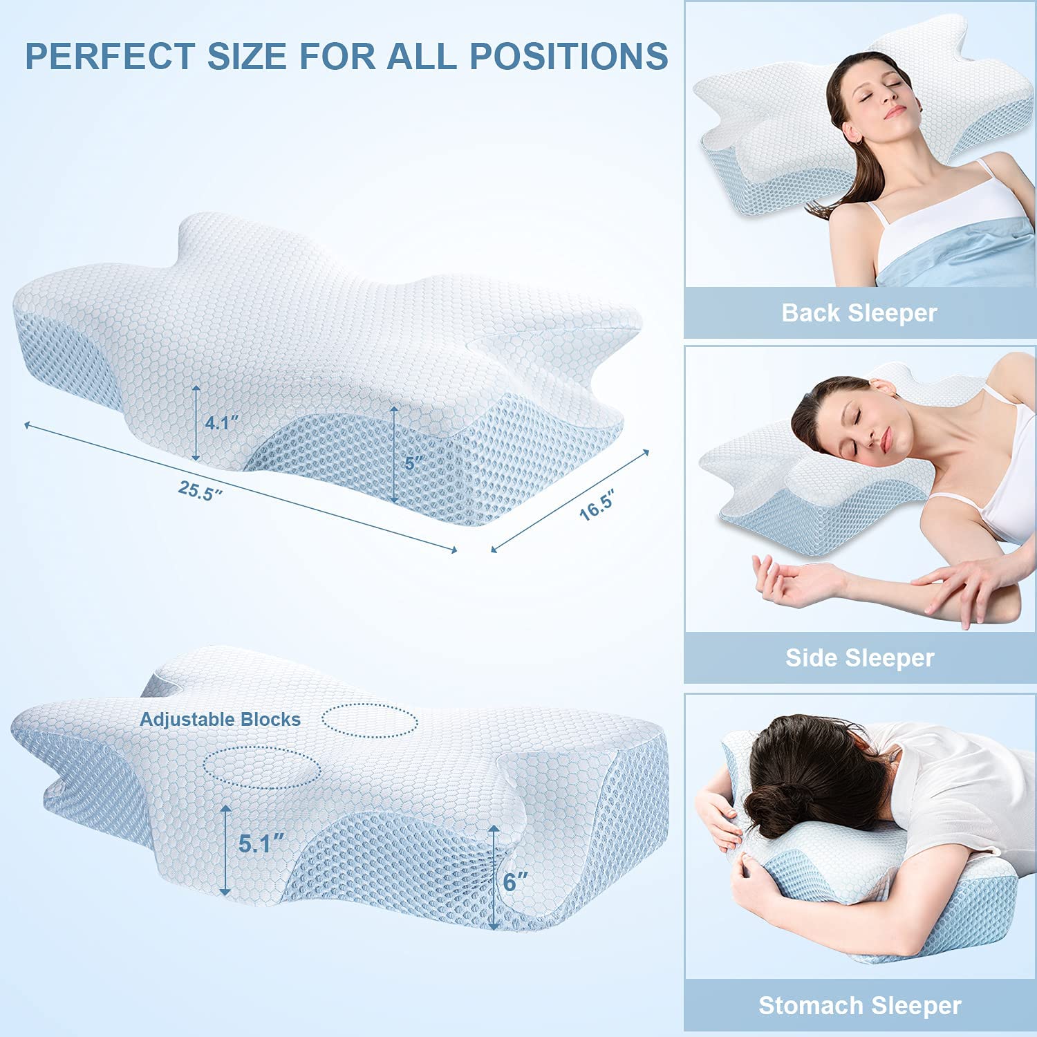 Memory Foam Pillow Orthopedic Pillow For Neck Shoulder Pain Adjustable  White USA