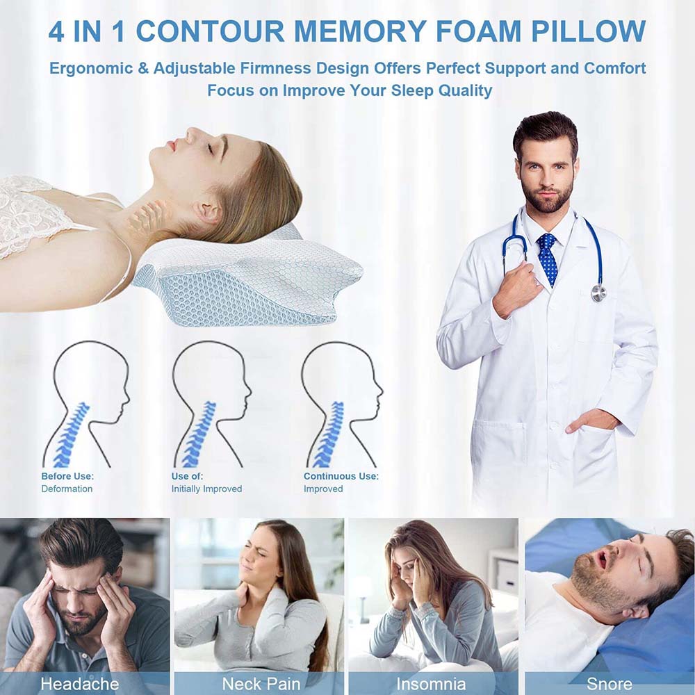  Anvo Memory Foam Pillow, Neck Contour Cervical Orthopedic Pillow  for Sleeping Side Back Stomach Sleeper, Ergonomic Bed Pillow for Neck Pain  - Blue White, Soft : Home & Kitchen